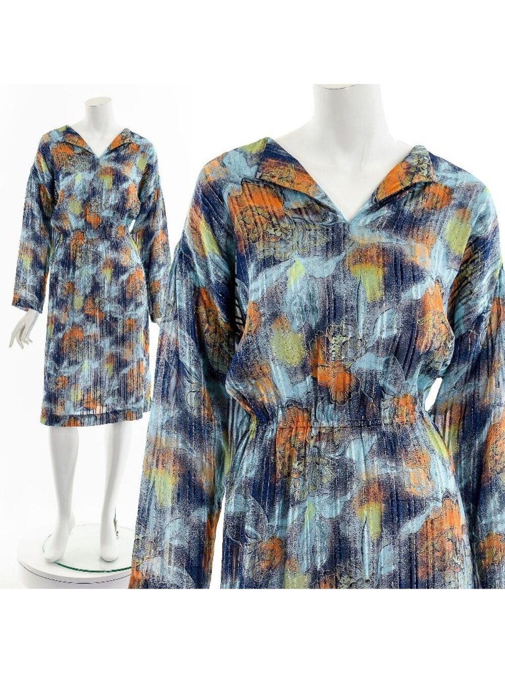 Floral Pleated Silk Chiffon Dress 70s